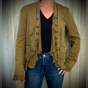 Free People Vintage Olive Ruffled Military-Style Blazer
